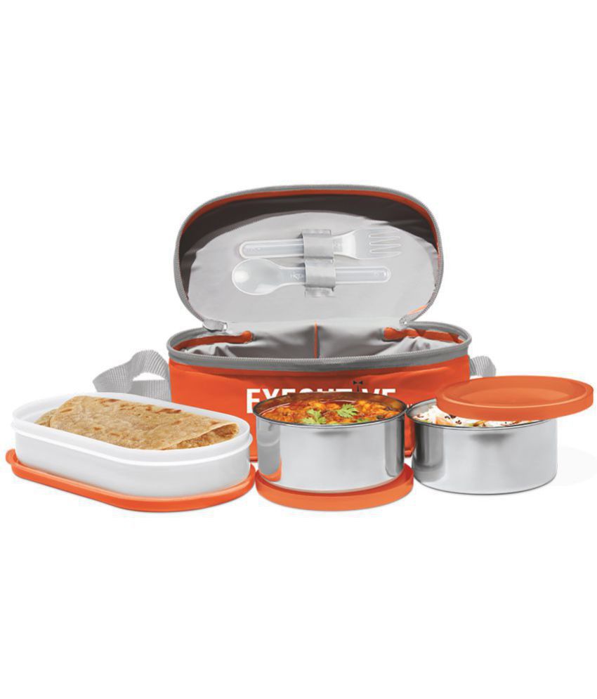     			MILTON Executive Lunch Insulated Tiffin 2 Round Container 280 ml Each 1 Oval Container 450 ml Orange