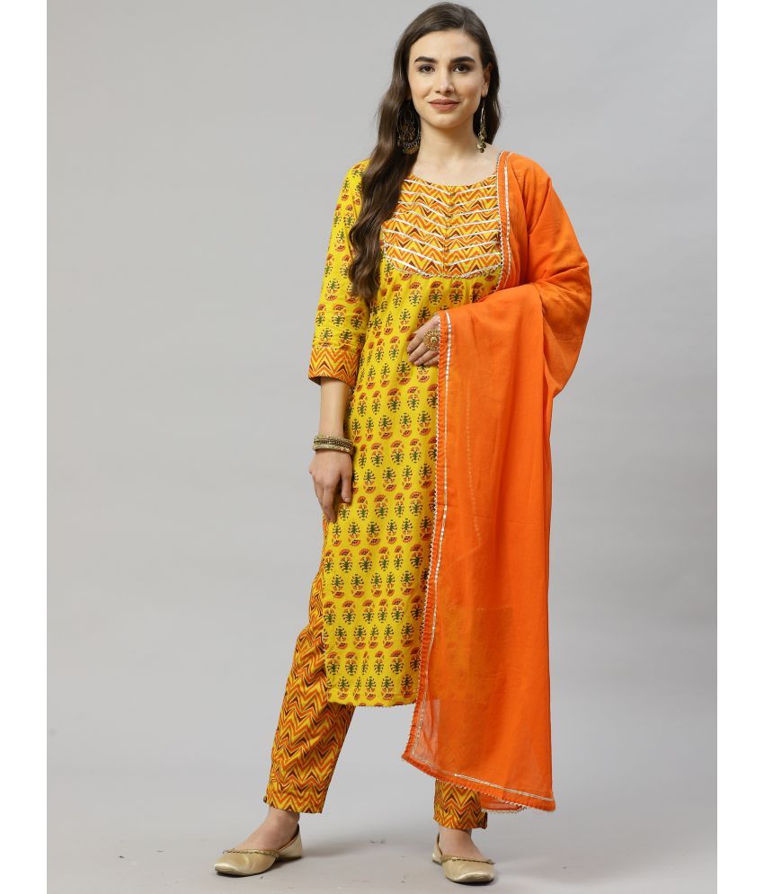     			JC4U Gold Cotton Kurti With Pants - Stitched Suit Single