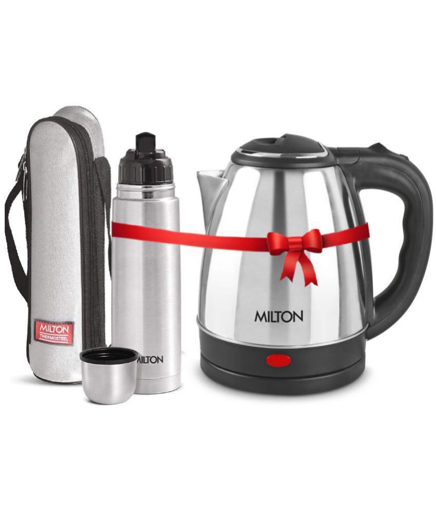     			Milton Combo Set Go Electro 1.2 Ltrs Electric Kettle and Flip Lid 500 ml- Silver Thermosteel Hot or Cold Stainless Steel Water Bottle with Jacket