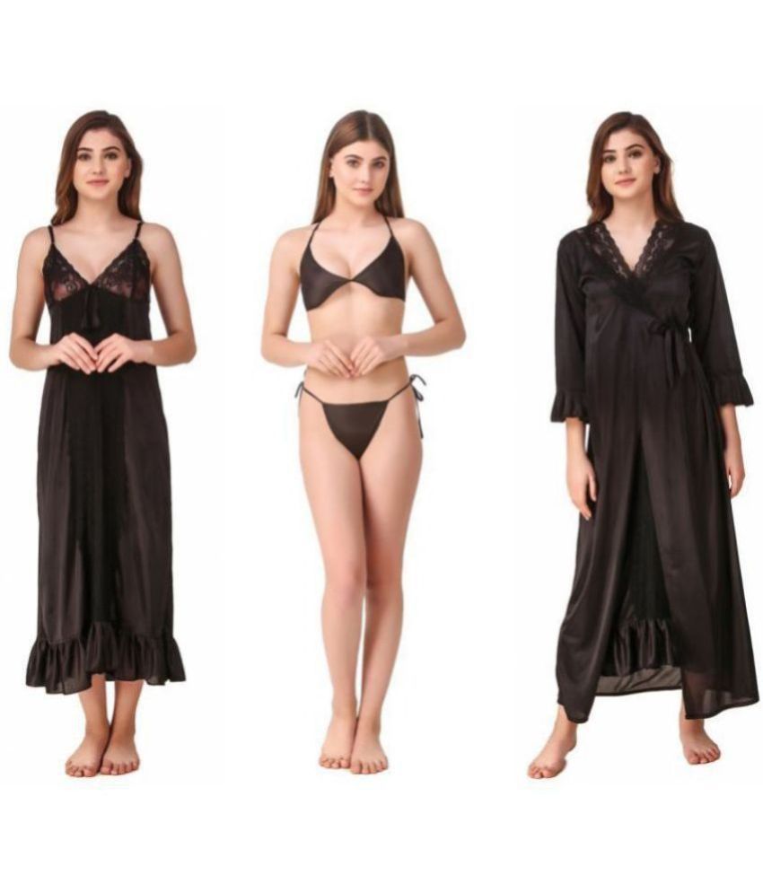     			Romaisa Satin Nighty & Night Gowns - Black Pack of 4