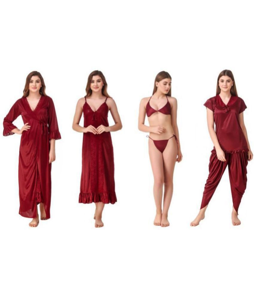     			Romaisa Satin Nighty & Night Gowns - Maroon Pack of 6