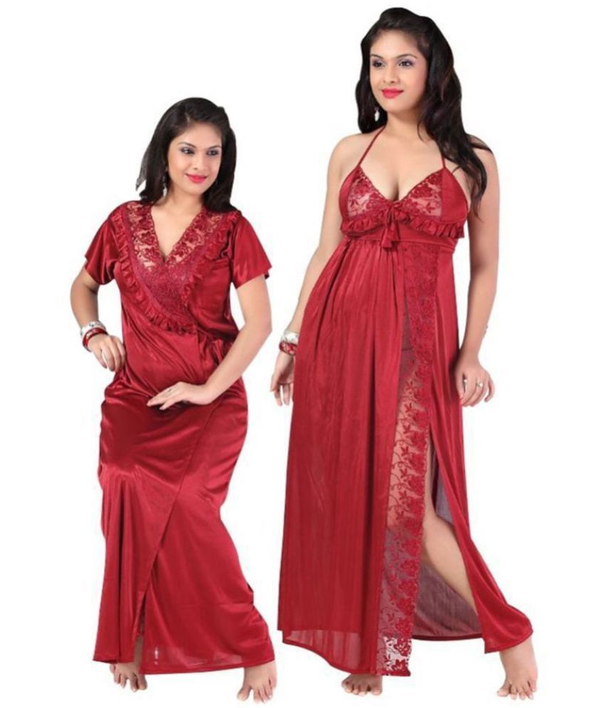     			Romaisa Satin Nighty & Night Gowns - Maroon Pack of 2