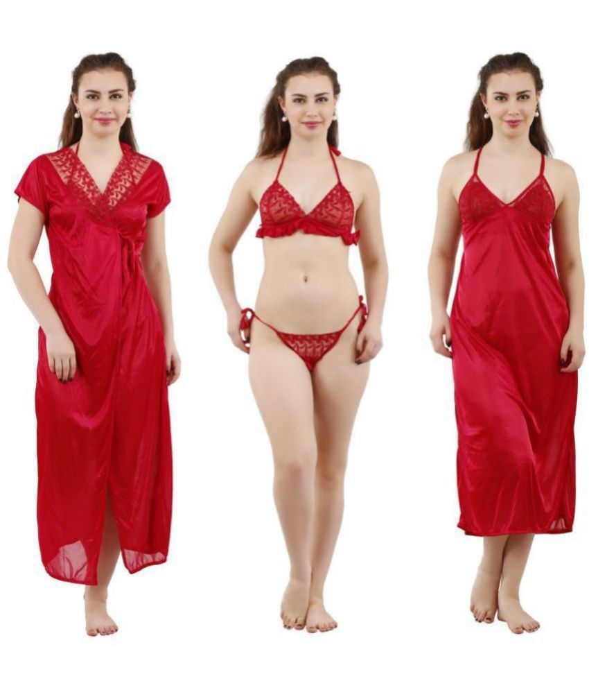     			Romaisa Satin Nighty & Night Gowns - Red Pack of 4