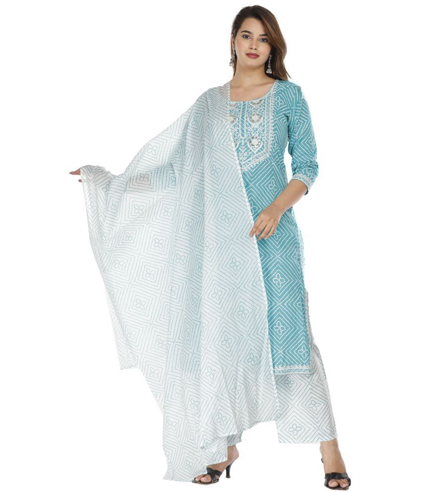     			HIGHLIGHT FASHION EXPORT Blue Cotton Kurti With Pants - Stitched Suit Single