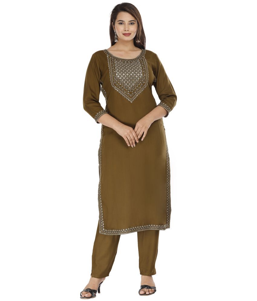     			HIGHLIGHT FASHION EXPORT Green Rayon Kurti With Pants - Stitched Suit Single