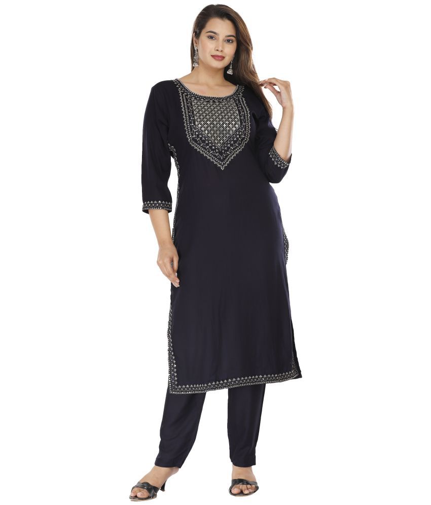     			HIGHLIGHT FASHION EXPORT Navy Rayon Kurti With Pants - Stitched Suit Single