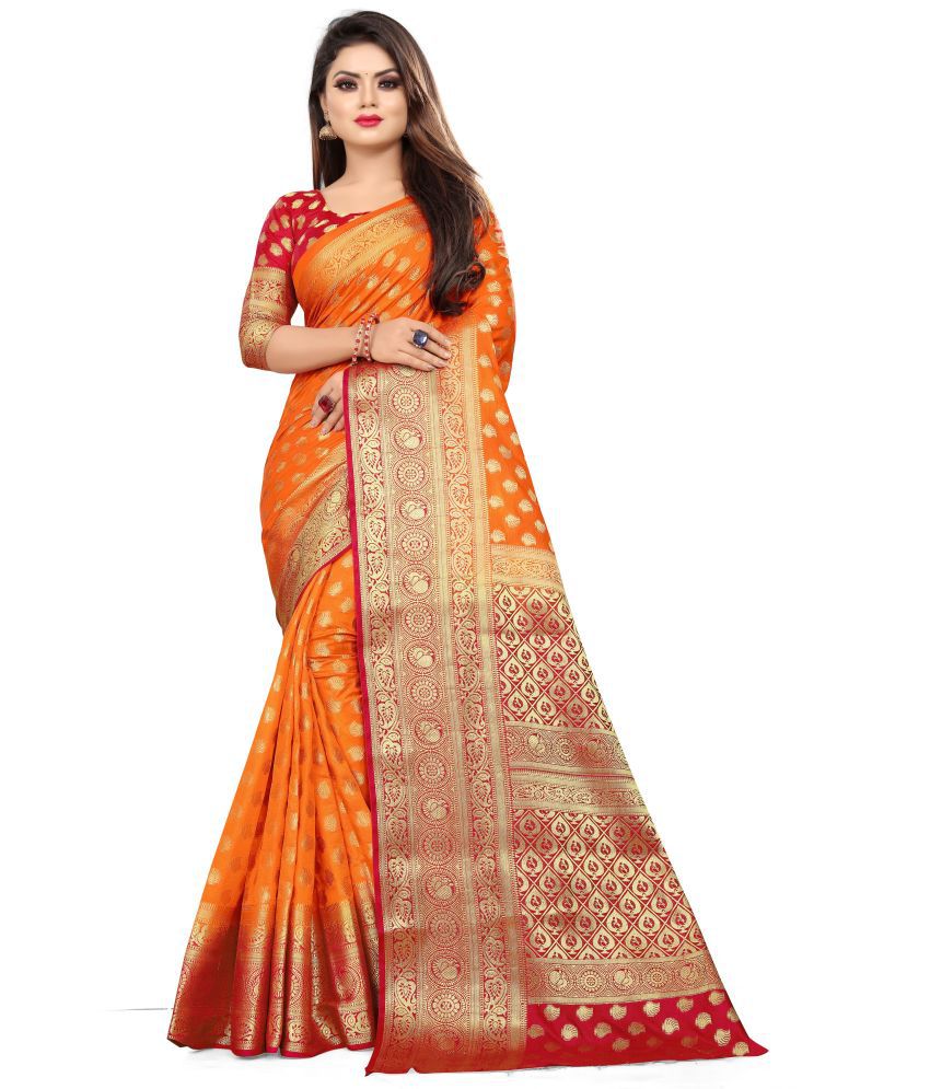     			SATYAM WEAVES Orange Banarasi Silk Saree -