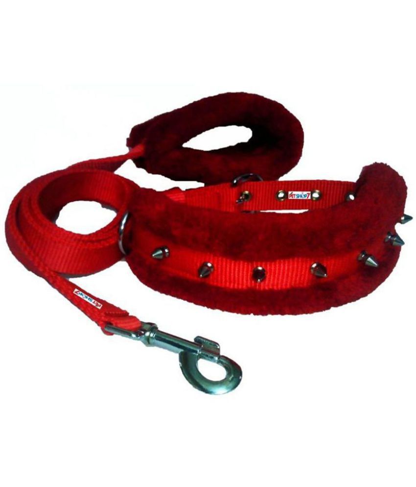     			Petshop7 Nylon Fur Padded  Spike Dog Collar & Dog Leash  - Medium  (Adjustable Neck Size  : 14-17inch)