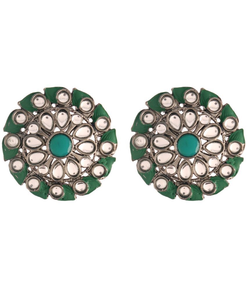     			I Jewels Silver Oxidized Kundan Studded Meena Work Designer Circular Stud Earrings for Women(E2935ZG)
