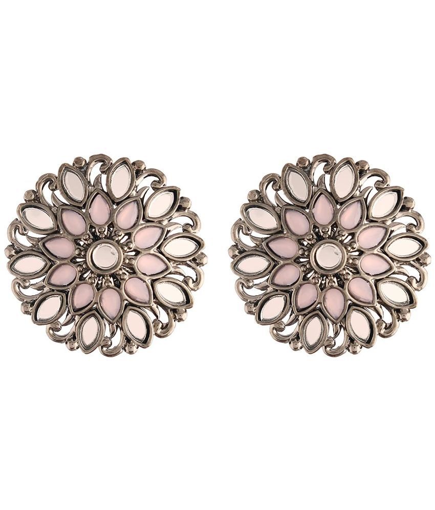     			I Jewels Silver Oxidized Kundan Studded Meena Work Designer Circular Stud Earrings for Women(E2933ZPi)