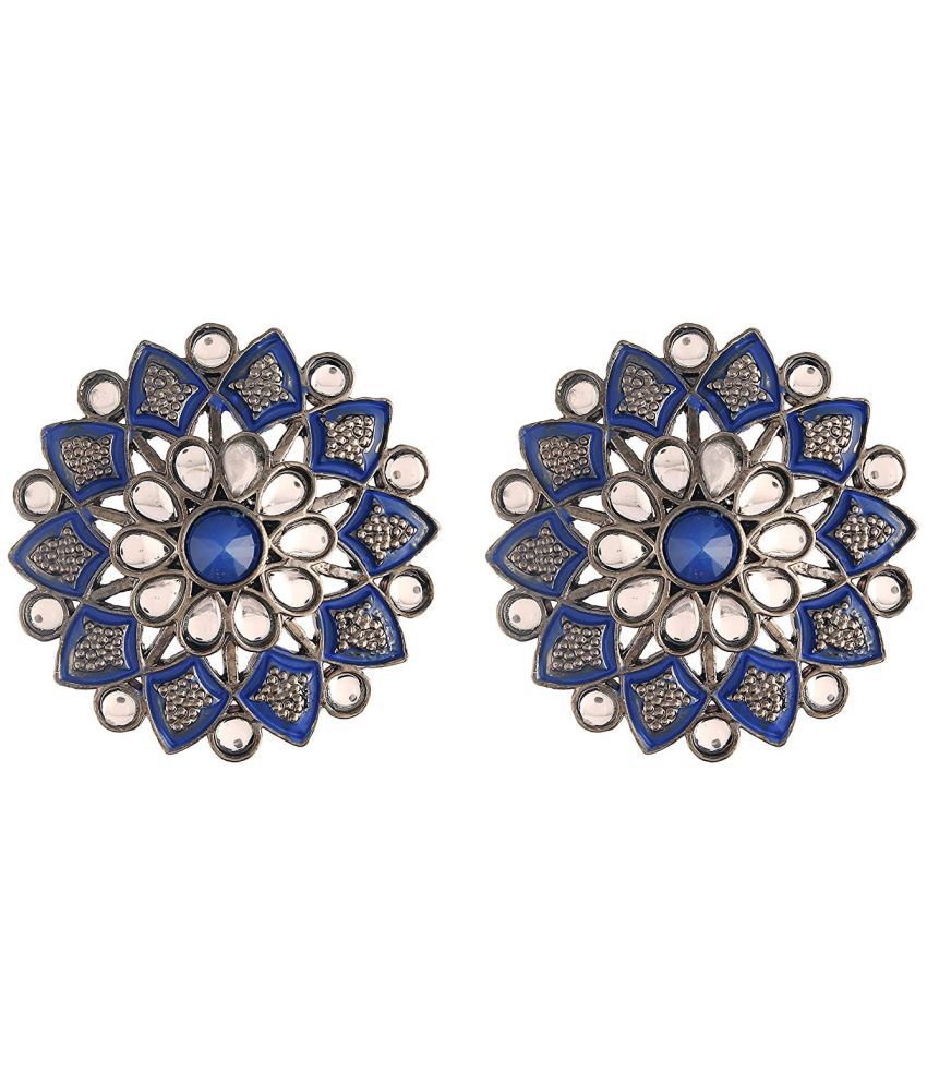     			I Jewels Silver Oxidized Kundan Studded Meena Work Designer Circular Stud Earrings for Women(E2936ZBl)