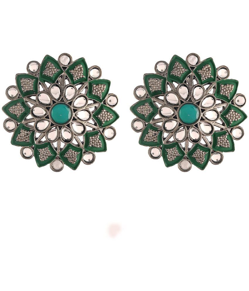     			I Jewels Silver Oxidized Kundan Studded Meena Work Designer Circular Stud Earrings for Women(E2936ZG)
