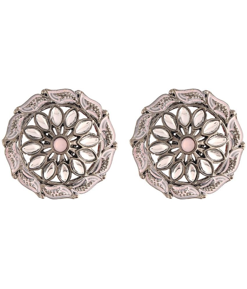     			I Jewels Silver Oxidized Kundan Studded Meena Work Designer Circular Stud Earrings for Women(E2934ZPi)