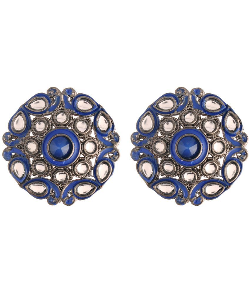     			I Jewels Silver Oxidized Kundan Studded Meena Work Designer Circular Stud Earrings for Women (E2931ZBl)