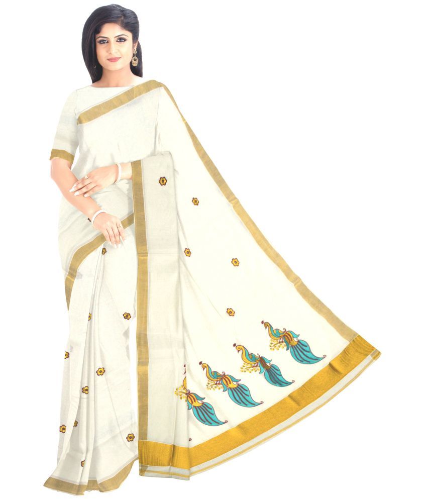     			BRINDAVAN CREATIONS - Beige Kerela Cotton Saree With Blouse Piece ( Pack of 1 )