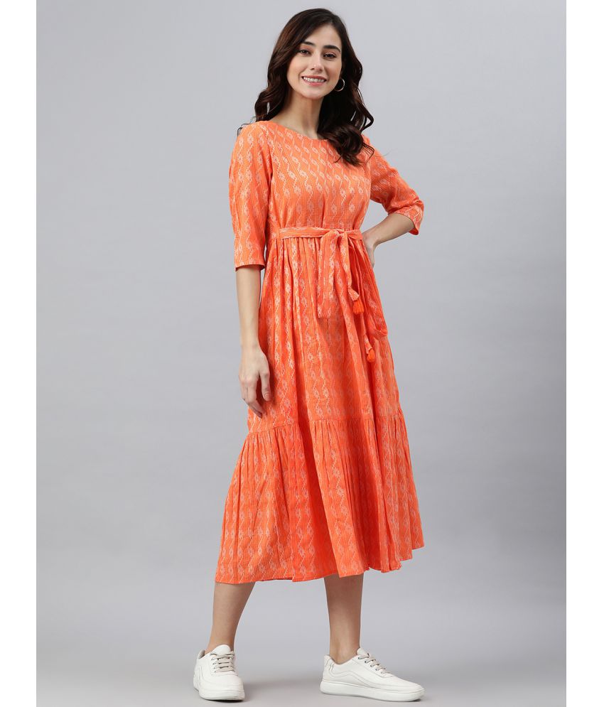     			Janasya - Cotton Orange Women's Fit And Flare Dress ( Pack of 1 )