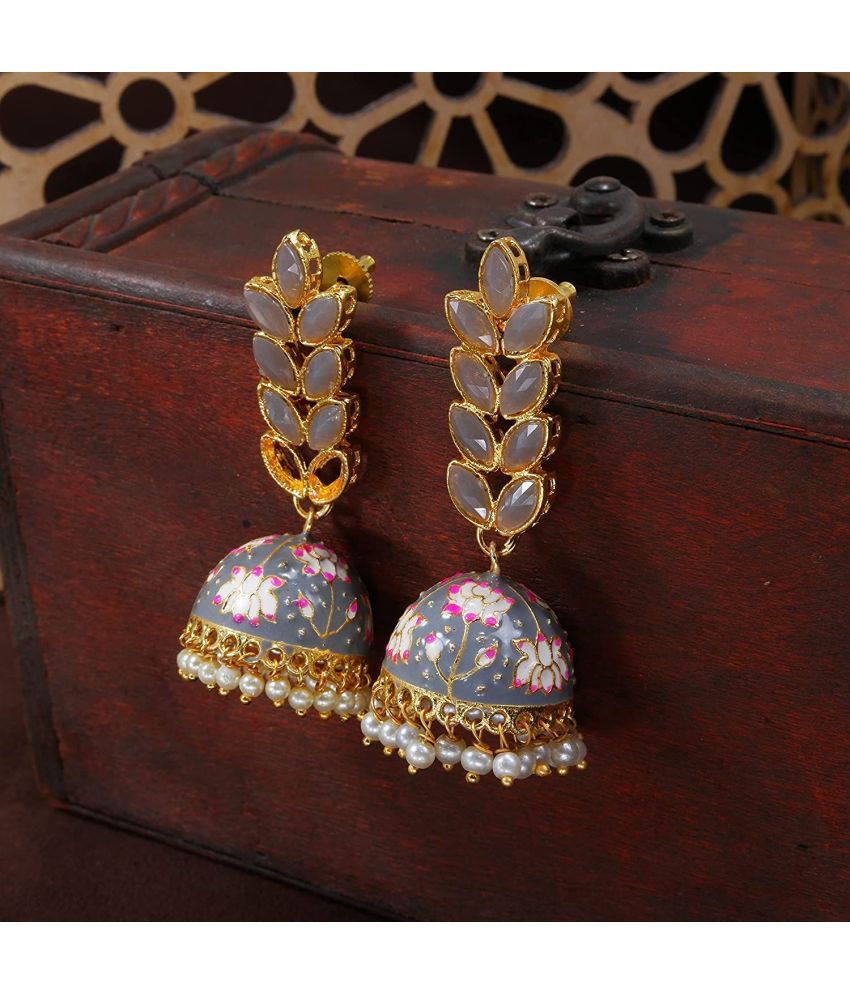     			I Jewels 18k Gold Plated Meena Work Leaf Shaped Jhumki Earring For Women (E2922Gr)
