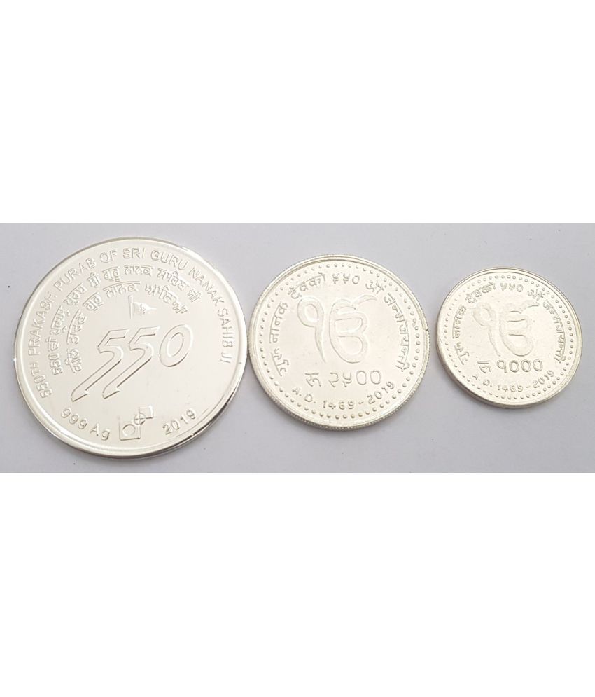     			Rare 550 , 2500 and 1000 Rupee Guru Nanak Dev Ji UNC 3 Coins Set