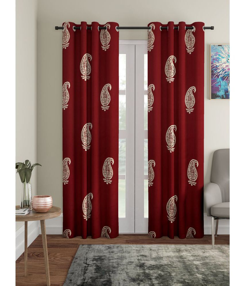 Home Sizzler Set of 2 Window Semi-Transparent Eyelet Polyester Maroon Curtains ( 153 x 116 cm )