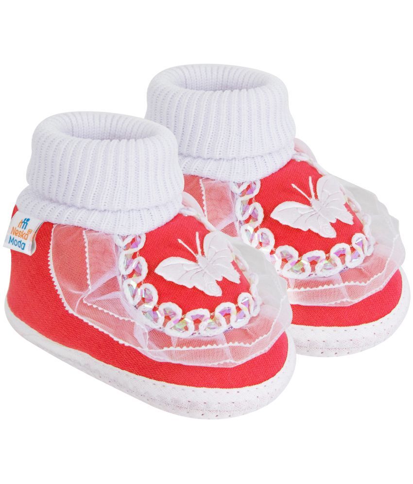     			Neska Moda Baby Boys & Baby Girls Butterfly Frill Slip On Cotton Booties For 12 to 24 Months (Red)