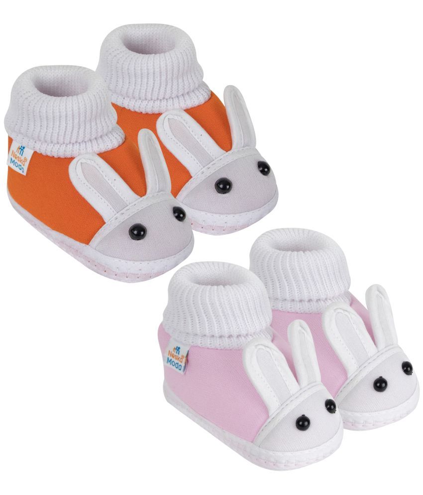     			Neska Moda Set of 2 Pair Baby Boys & Baby Girls Rabbit Face Cotton Booties For 12 to 24 Months (Orange,Pink)