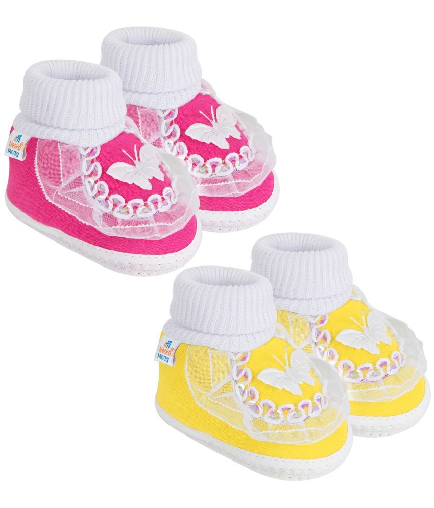     			Neska Moda Set of 2 Pair Baby Boys & Baby Girls Butterfly Frill Cotton Booties For 0 to 6 Months (Pink,Yellow)