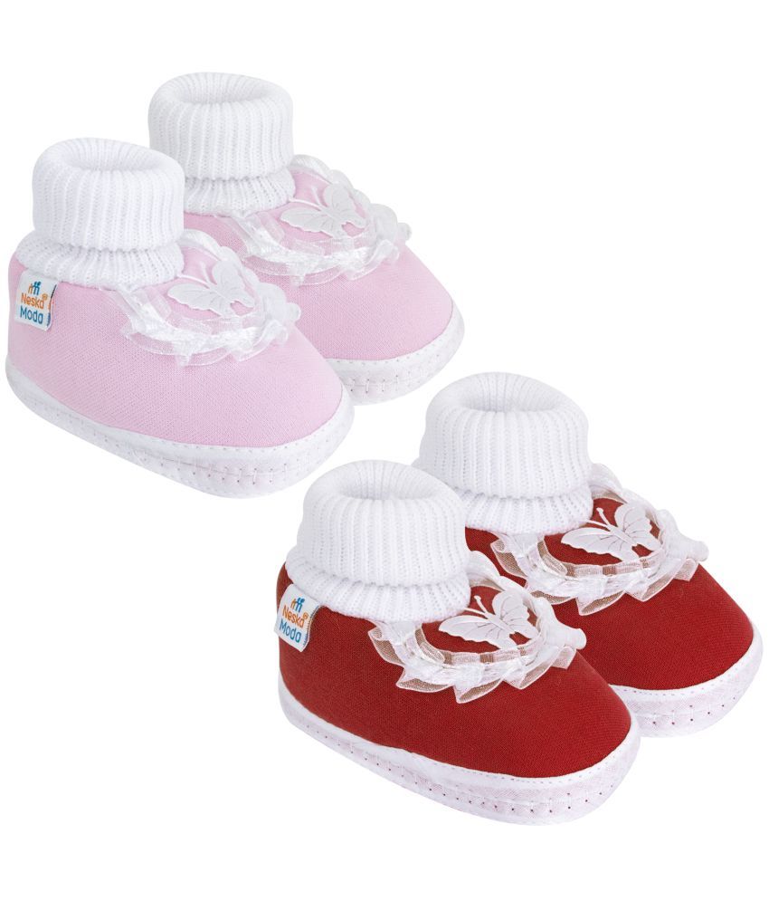     			Neska Moda Set of 2 Pair Baby Girls Butterfly Frill Cotton Booties For 12 to 24 Months (Pink,Maroon)