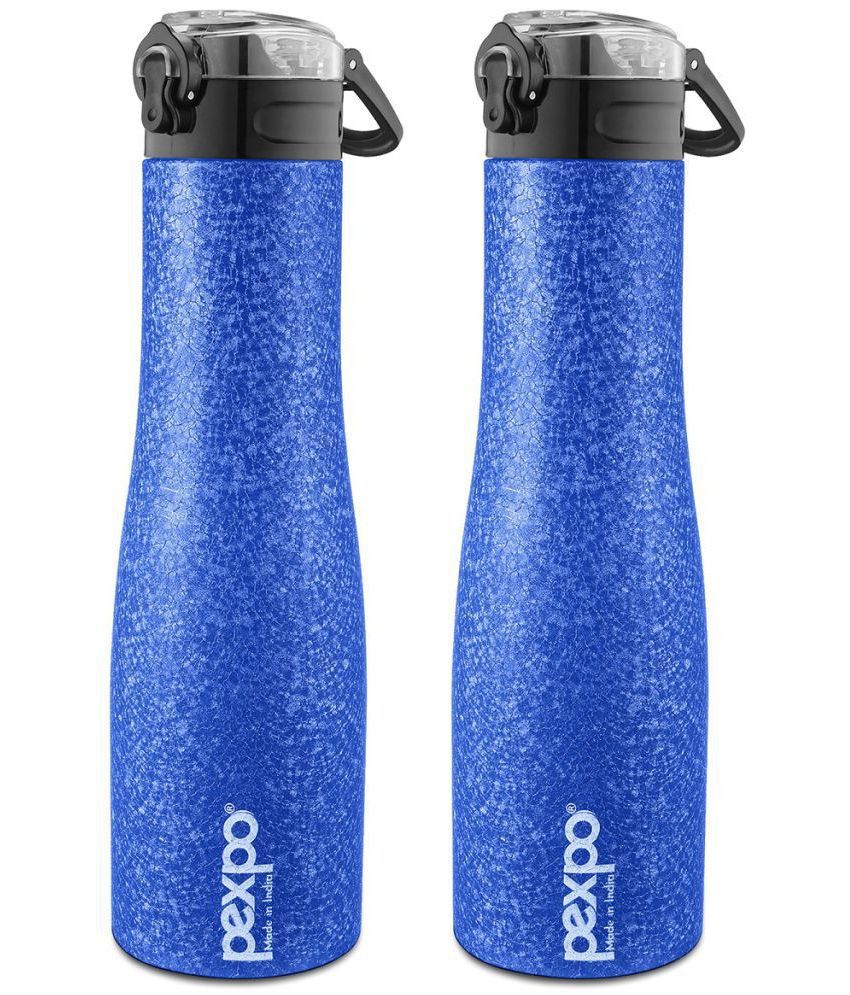     			PEXPO 1000 ml Stainless Steel Sports Water Bottle, Push Button Cap (Set of 2, Blue, Monaco)