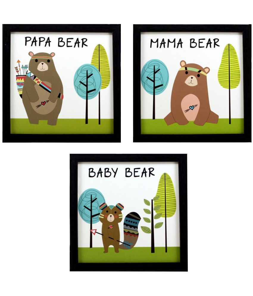     			Indianara Set of 3 Bear Family Wood Painting With Frame