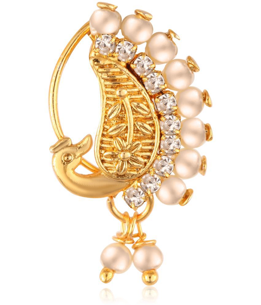     			Vighnaharta Gold Plated with Peals Alloy and CZ stone Non Piercing Maharashtrian Nath Nathiya./ Nose Pin for women  [VFJ1085NTH-Press-White ]