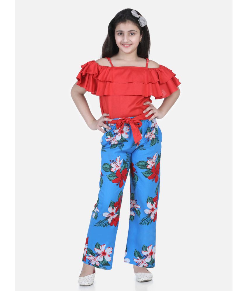     			StyleStone Girls Red and Blue Floral Printed Top and Trouser Set