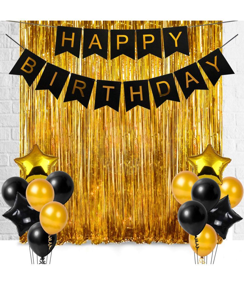     			Happy Birthday Banner (Black) + 2 Fringe (Golden) + 30 Metallic Balloon(Black,Gold) + 2 Star (Golden) + 2 Star (Black) for happy birthday decoration item, birthday decoration kit, birthday balloon decoration combo for Boys, Girls, Kids, husband and Wife.