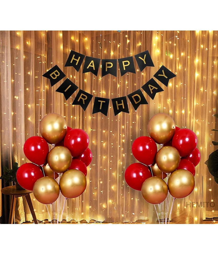     			Happy Birthday Banner (Black) + 30 Metallic Balloon(Red,Gold)