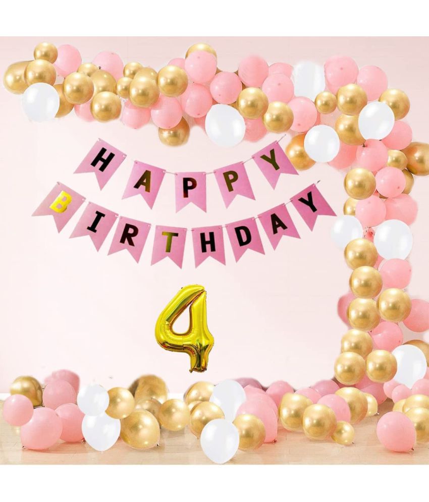     			Happy Birthday Banner (Pink) + 30 Metallic Balloons (Pink,White,Gold)+ 4 NumberFoil(Golden)