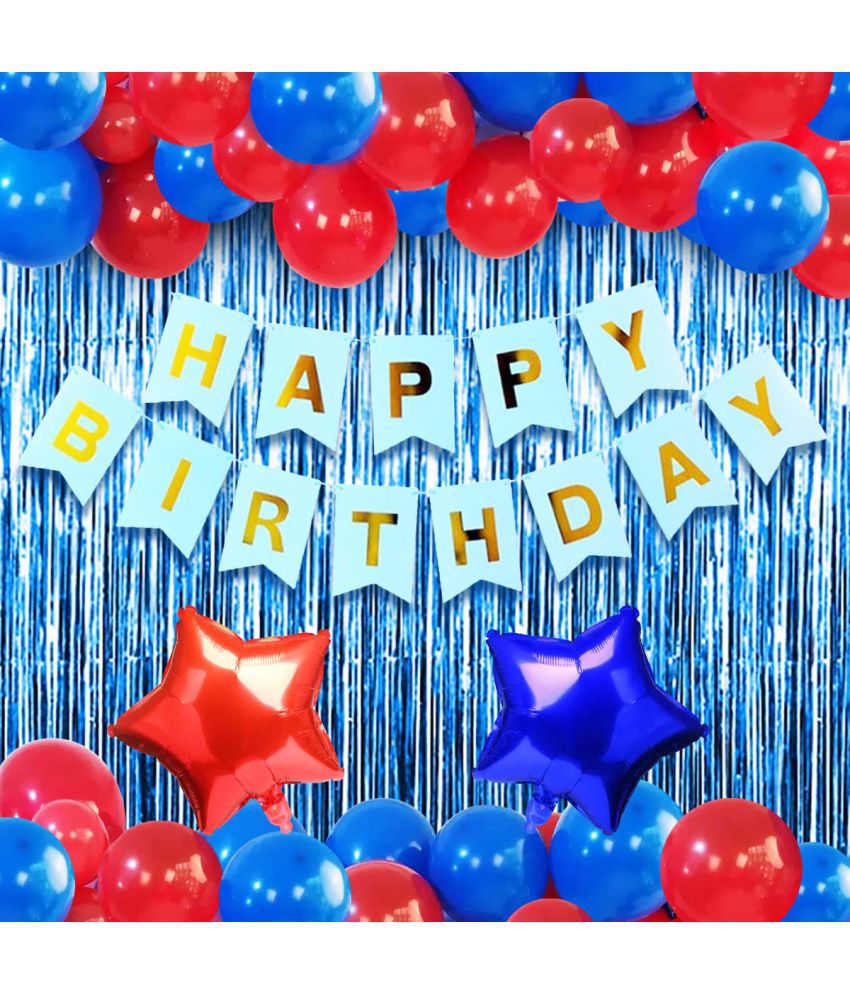     			Happy Birthday Banner (SkyBlue) + 30 Metallic Balloon(Blue,Red) + 2 Fringe(Blue) + 1 Star(Red) + 1 Star(Blue)