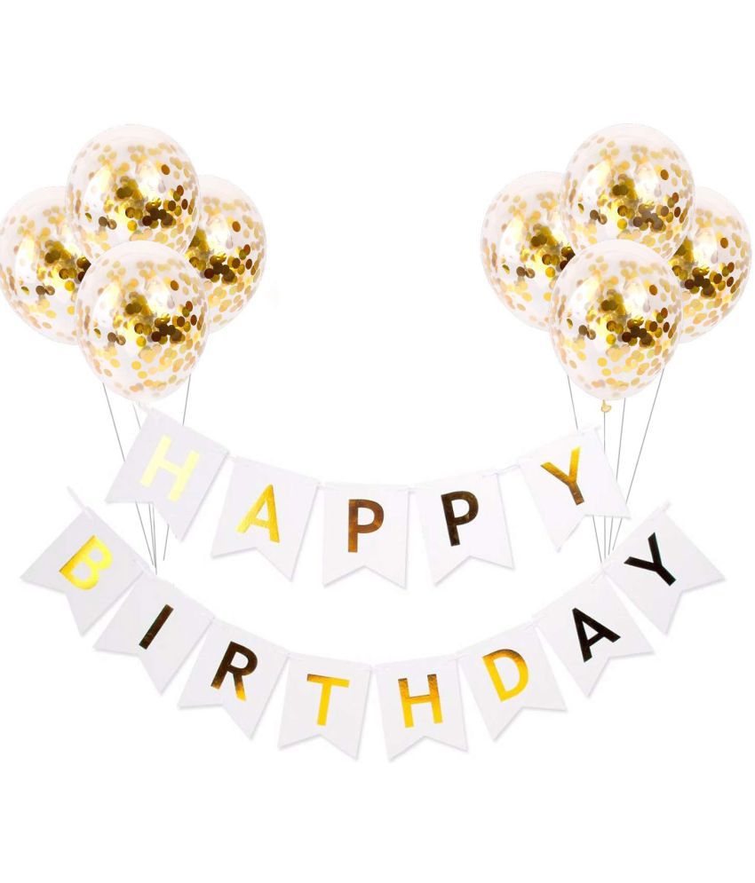     			Happy Birthday Banner (White) + 10 Confetti Balloon(Golden)