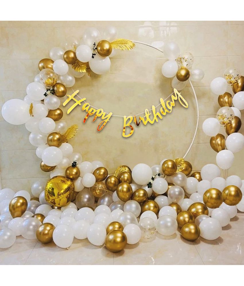     			Happy Birthday Cursive(Golden) + 5 pcs Confetti Balloon (Golden) + 30 Metallic Balloon (White,Gold)