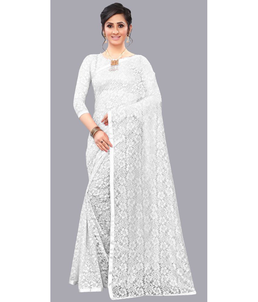     			Indy Bliss - White Net Saree With Blouse Piece ( Pack of 1 )