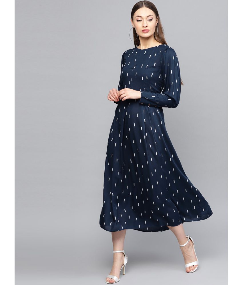     			Rare Rayon Navy Fit And Flare Dress -