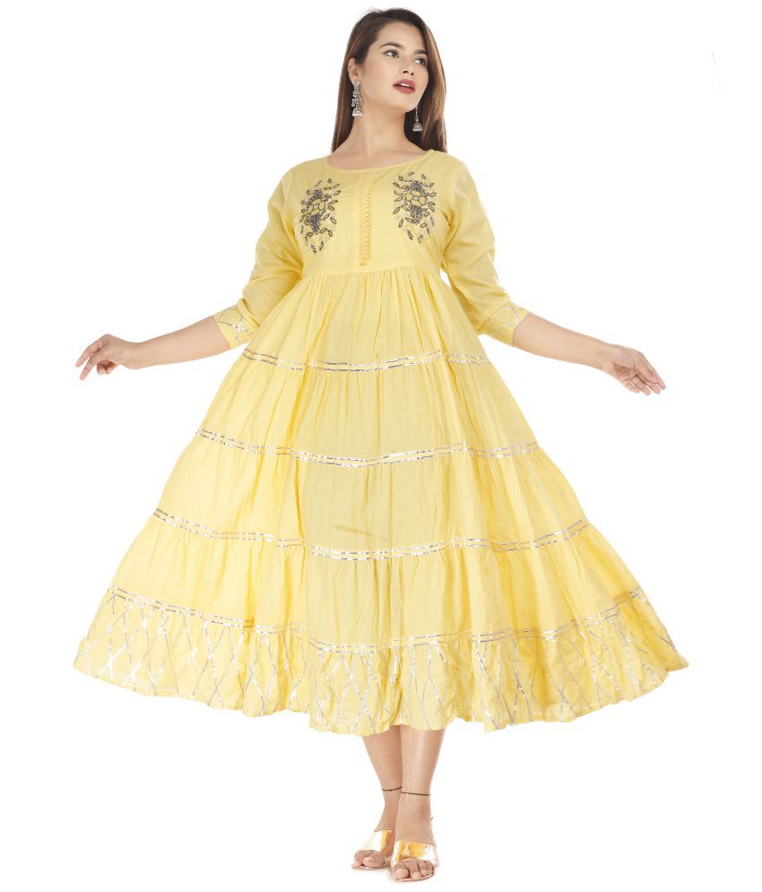     			HIGHLIGHT FASHION EXPORT Cotton Lycra Yellow Fit And Flare Dress - Single