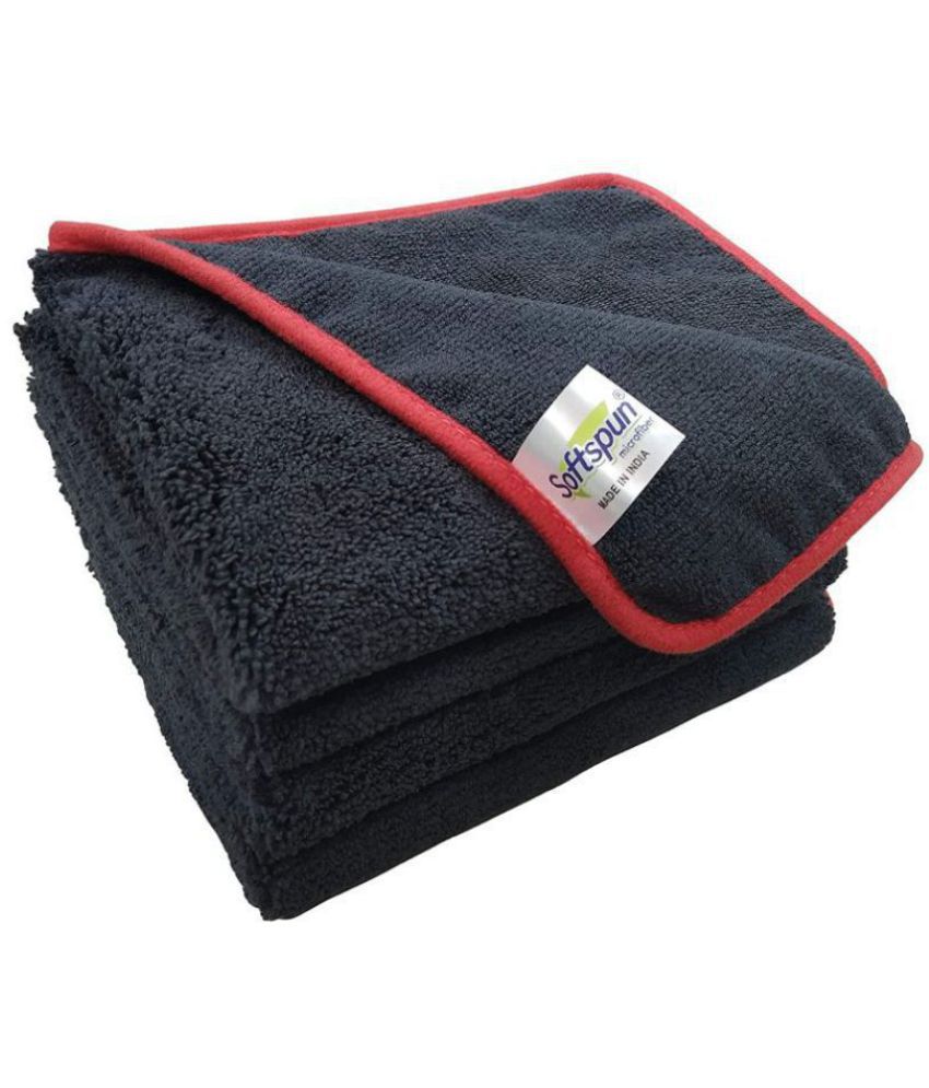     			SOFTSPUN Microfiber High Loop, Silk Banded Edge, Cloth 40x40 Cms, 4 Piece Towel Set, 380 GSM (Black) Thick Lint & Streak-Free Multipurpose Cloths.