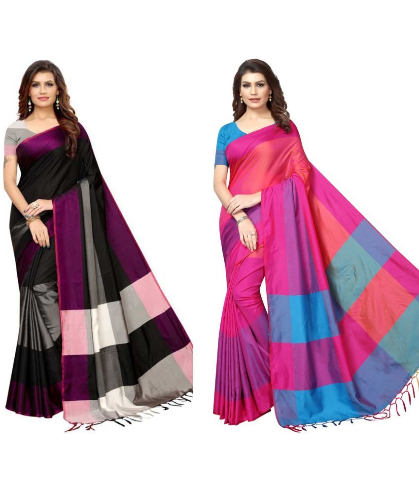     			NightBlue - Black Cotton Saree With Blouse Piece ( Pack of 2 )