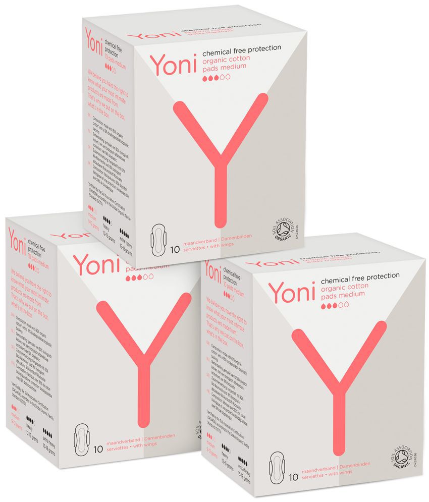 Yoni 100% Organic Cotton Biodegradable Medium 10 Sanitary Pads Pack of 3