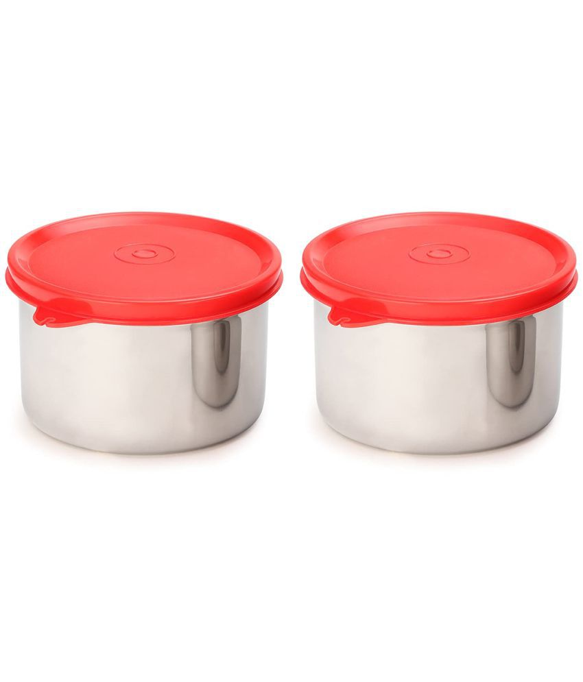Oliveware Magic Stainless Steel Containers Airtight Lids - Store Food in Plastic Free Container Spill Proof (Red, Set of 2 - 600ml)