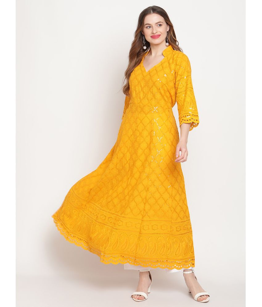     			Queenley Cotton Embroidered 3/4th Sleeves Anarkali Yellow Kurti Single