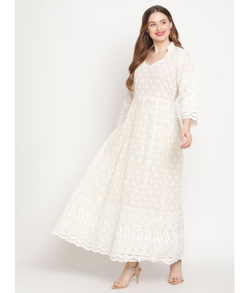     			Queenley - White Cotton Women's Flared Kurti