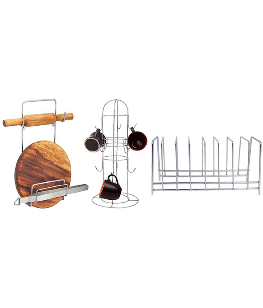     			JISUN Stainless Steel Plate Stand / Dish Rack Steel & Chakla Belan Stand & Ladle Hook Rail / Wall Mounted Ladle Stand For Kitchen
