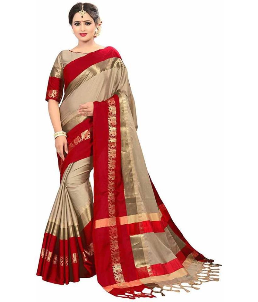     			fab woven - Beige Cotton Blend Saree With Blouse Piece ( Pack of 1 )