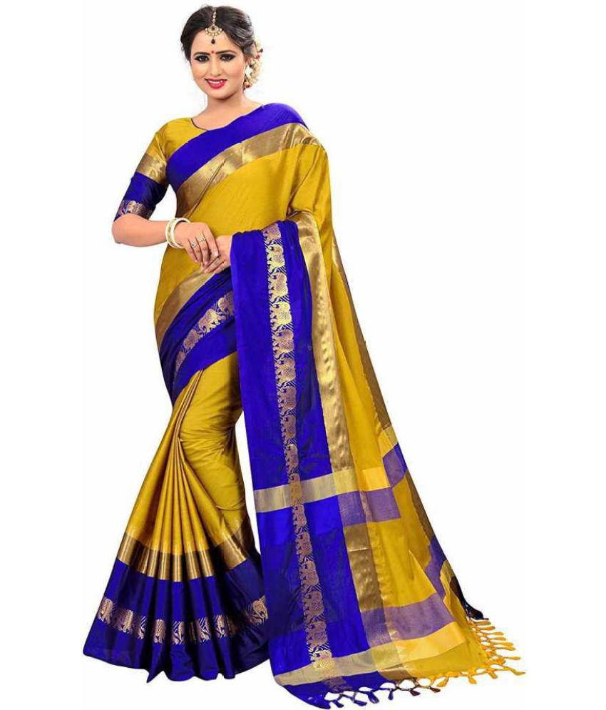    			fab woven - Gold Cotton Blend Saree With Blouse Piece ( Pack of 1 )