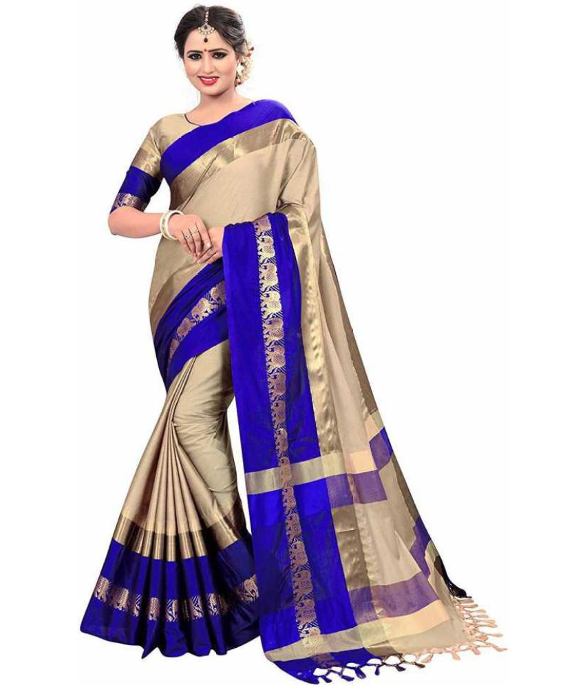     			fab woven - White Cotton Blend Saree With Blouse Piece ( Pack of 1 )
